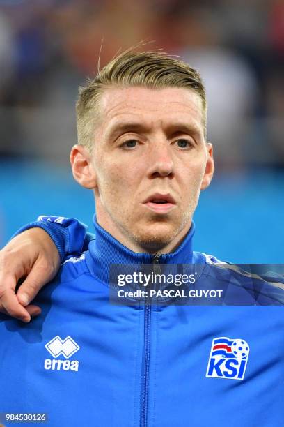 Iceland's defender Birkir Saevarsson poses ahead of the Russia 2018 World Cup Group D football match between Iceland and Croatia at the Rostov Arena...