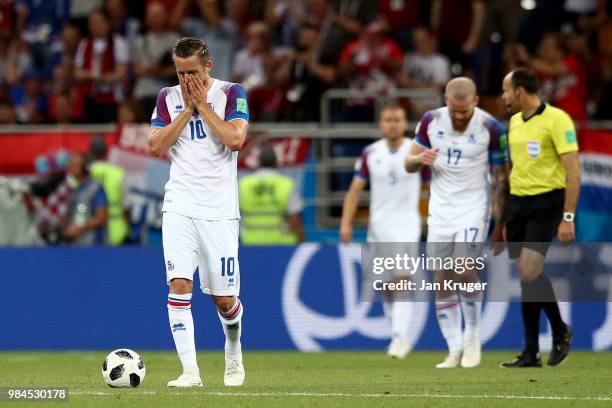 Gylfi Sigurdsson of Iceland looks dejected during the 2018 FIFA World Cup Russia group D match between Iceland and Croatia at Rostov Arena on June...