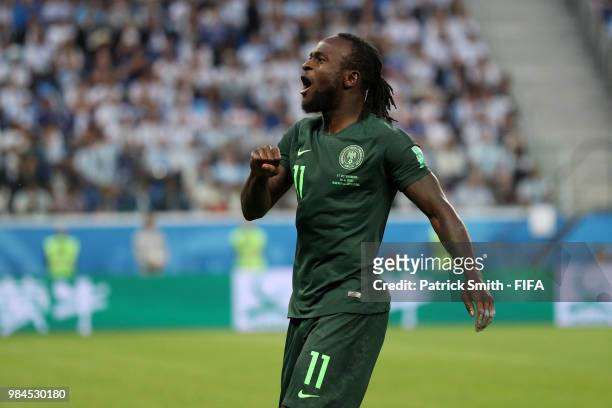 Victor Moses of Nigeria celebrates scoring his sides opening goal to make the score 1-1 during the 2018 FIFA World Cup Russia group D match between...