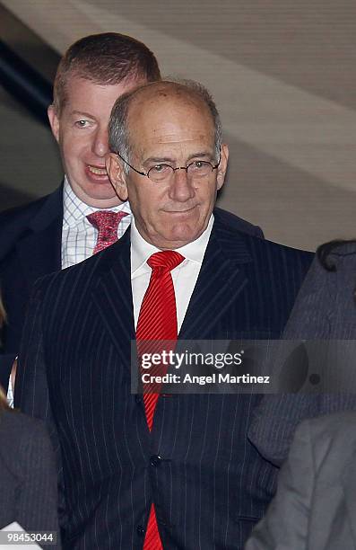 Former Israeli Prime Minister Ehud Olmert is seen in the president's box of Santiago Bernabeu Stadium before the start of the La Liga match between...