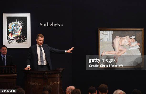 At SothebyÕs Contemporary Art Evening Sale, Lucian FreudÕs late masterpiece 'Portrait On A White Cover' sells for £22.5 million to become the most...