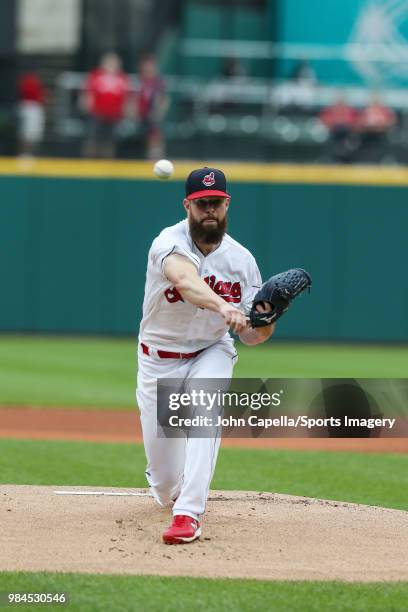 Pitcher Corey Kluber of the Cleveland Indians pitches during a MLB game against the Chicago White Sox at Progressive Field on June 20, 2018 in...