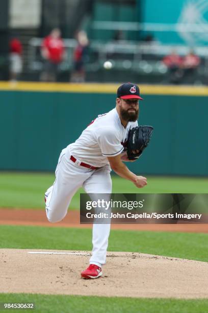 Pitcher Corey Kluber of the Cleveland Indians pitches during a MLB game against the Chicago White Sox at Progressive Field on June 20, 2018 in...