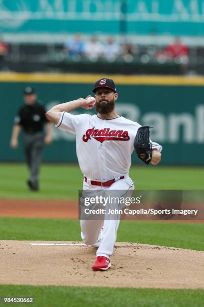 Pitcher Corey Kluber of the Cleveland Indians pitches during a MLB game against the Chicago White Sox at Progressive Field on June 20, 2018 in...