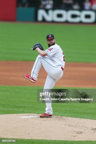 Pitcher Corey Kluber of the Cleveland Indians pitches during a MLB game against the Chicago White Sox at Progressive Field on June 20, 2018 in...