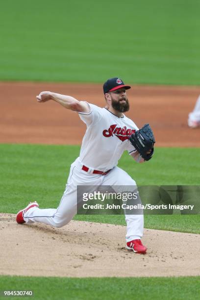Pitcher Corey Kluber of the Cleveland Indians pitches during a MLB game against the Chicago White Sox at Progressive Field on June 20, 2018 in...