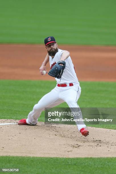 Pitcher Corey Kluber of the Cleveland Indians pitches during a MLB game against the Chicago White Sox at Progressive Field on June 20, 2018 in...