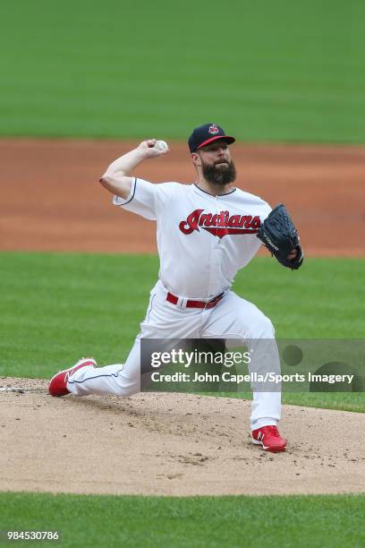 Pitcher Corey Kluber of the Cleveland Indians pitches during a MLB game against the Chicago White Sox at Progressive Field on June 20, 2018 in...