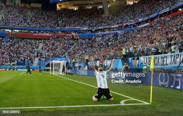 Lionel Messi of Argentina celebrates after scoring a goal during the 2018 FIFA World Cup Russia Group D match between Nigeria and Argentina at the...