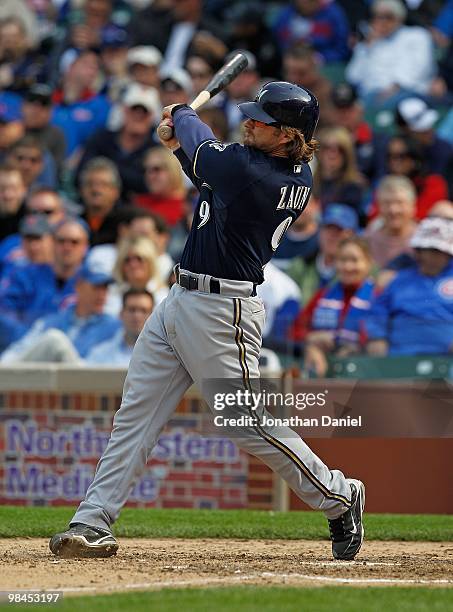 Gregg Zaun of the Milwaukee Brewers hits the ball against the Chicago Cubs on Opening Day at Wrigley Field on April 12, 2010 in Chicago, Illinois....