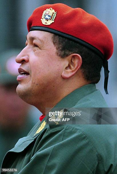 Venezuelan President Hugo Chavez gestures during a ceremony to commemorate the eighth anniversary of the failed coup d'etat against him, on April 13,...