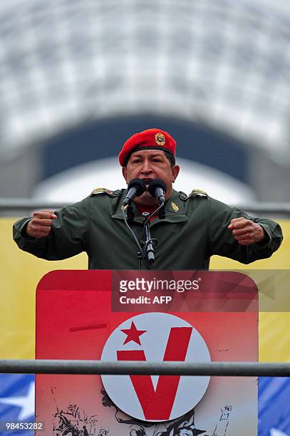 Venezuelan President Hugo Chavez delivers a speech during a ceremony to commemorate the eighth anniversary of the failed coup d'etat against him, on...