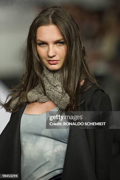 Model displays a creation by Mexican designer Elena Gomez Toussaint during the Mercedes Benz Fashion Week in Mexico City on April 13, 2010. AFP...