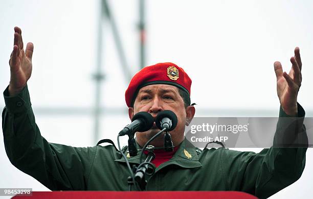 Venezuelan President Hugo Chavez delivers a speech during a ceremony to commemorate the eighth anniversary of the failed coup d'etat against him, on...