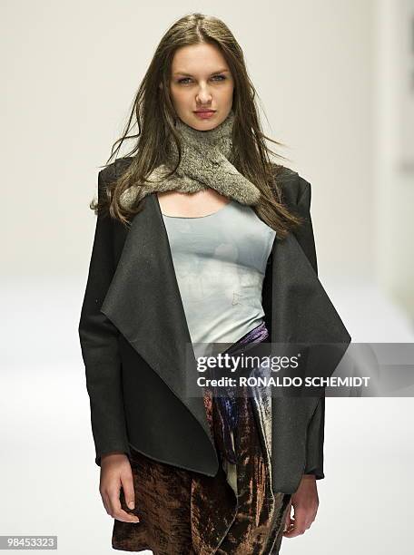 Model displays a creation by Mexican designer Elena Gomez Toussaint during the Mercedes Benz Fashion Week in Mexico City on April 13, 2010. AFP...