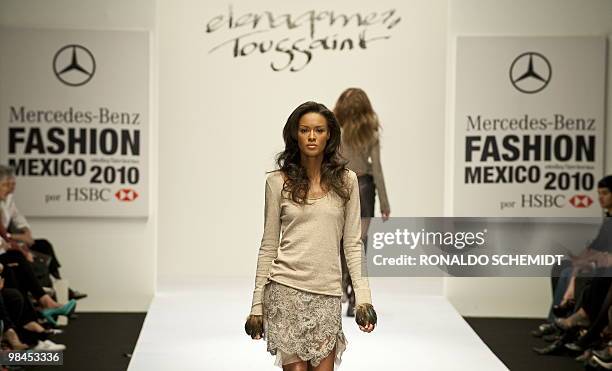 Model displays a creation by Mexican designer Elena Gomez Toussaint during the Mercedes Benz Fashion Week in Mexico City on April 13, 2010. AFP...