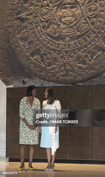 First Lady Michelle Obama and Mexican First Lady Margarita Zavala pose in front of the Aztec Calendar during their visit to the Anthropology Museum...