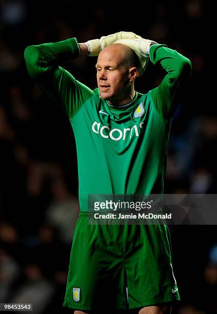 Brad Friedel of Aston Villa reacts during the Barclays Premier League match between Aston Villa and Everton at Villa Park on April 14, 2010 in...