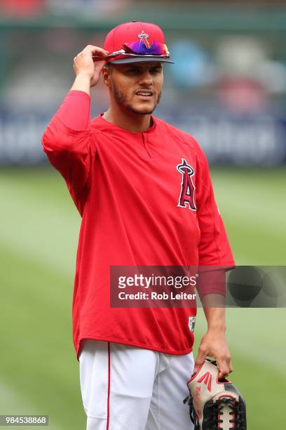 Michael Hermosillo of the Los Angeles Angels looks on before the game against the Tampa Bay Rays at Angel Stadium on May 19, 2018 in Anaheim,...