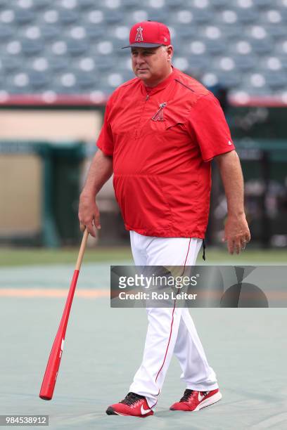 Manager Mike Scioscia of the Los Angeles Angels looks on before the game against the Tampa Bay Rays at Angel Stadium on May 19, 2018 in Anaheim,...