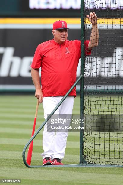 Manager Mike Scioscia of the Los Angeles Angels of Anaheim looks on before the game against the Tampa Bay Rays at Angel Stadium on May 19, 2018 in...