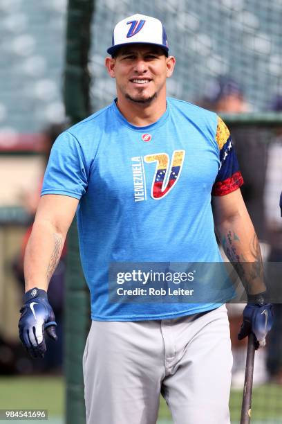 Wilson Ramos of the Tampa Bay Rays looks on before the game against the Los Angeles Angels at Angel Stadium on May 19, 2018 in Anaheim, California....