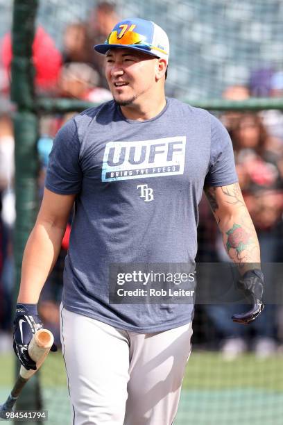 Jesus Sucre of the Tampa Bay Rays looks on before the game against the Los Angeles Angels at Angel Stadium on May 19, 2018 in Anaheim, California....