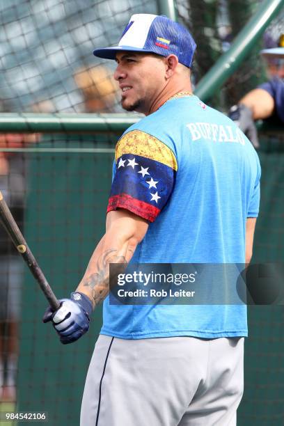 Wilson Ramos of the Tampa Bay Rays looks on before the game against the Los Angeles Angels at Angel Stadium on May 19, 2018 in Anaheim, California....