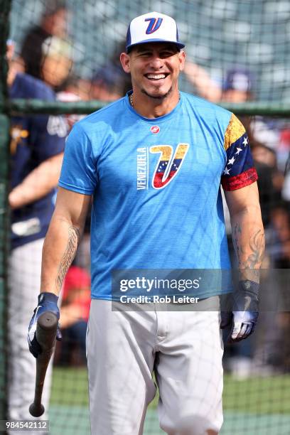 Wilson Ramos of the Tampa Bay Rays looks on before the game against the Los Angeles Angels at Angel Stadium on May 19, 2018 in Anaheim, California....