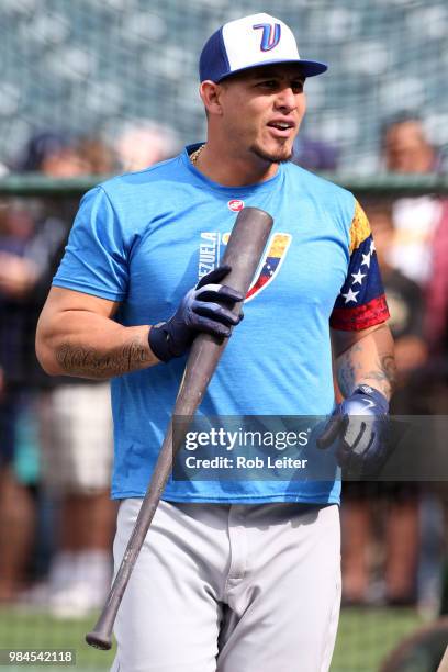 Wilson Ramos of the Tampa Bay Rays looks on before the game against the Los Angeles Angels at Angel Stadium on May 19, 2018 in Anaheim, California....