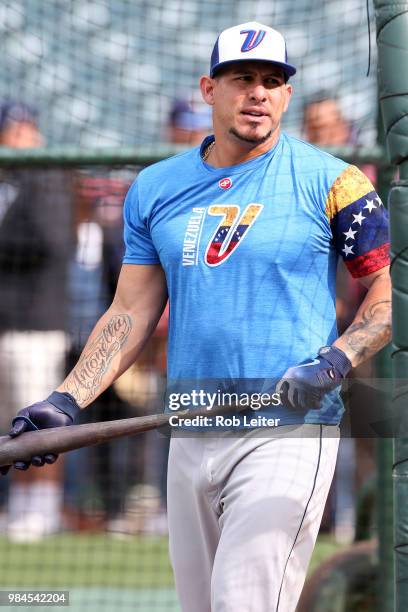 Wilson Ramos of the Tampa Bay Rays looks on before the game against the Los Angeles Angels at Angel Stadium on May 19, 2018 in Anaheim, California....