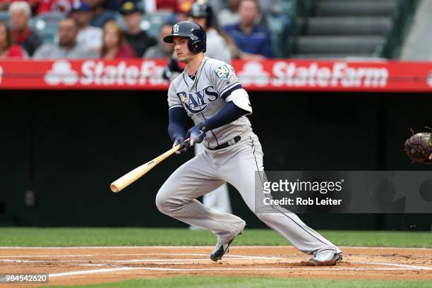 Daniel Robertson of the Tampa Bay Rays bats during the game against the Los Angeles Angels at Angel Stadium on May 19, 2018 in Anaheim, California....