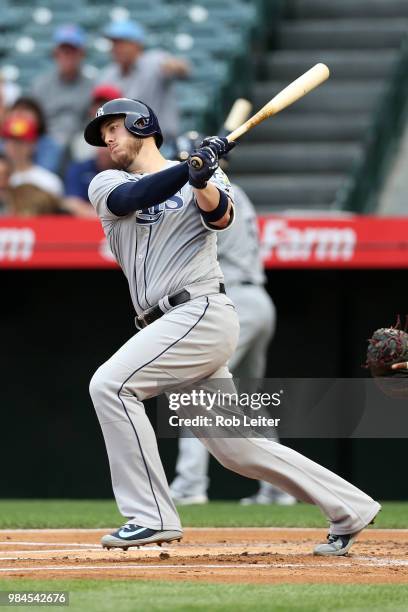 Cron of the Tampa Bay Rays bats during the game against the Los Angeles Angels at Angel Stadium on May 19, 2018 in Anaheim, California. The Rays...