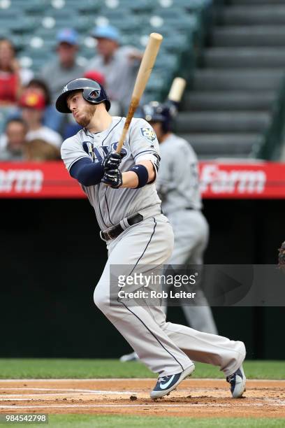Cron of the Tampa Bay Rays bats during the game against the Los Angeles Angels at Angel Stadium on May 19, 2018 in Anaheim, California. The Rays...