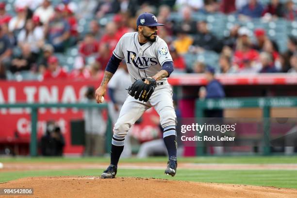 Sergio Romo of the Tampa Bay Rays pitches during the game against the Los Angeles Angels at Angel Stadium on May 19, 2018 in Anaheim, California. The...
