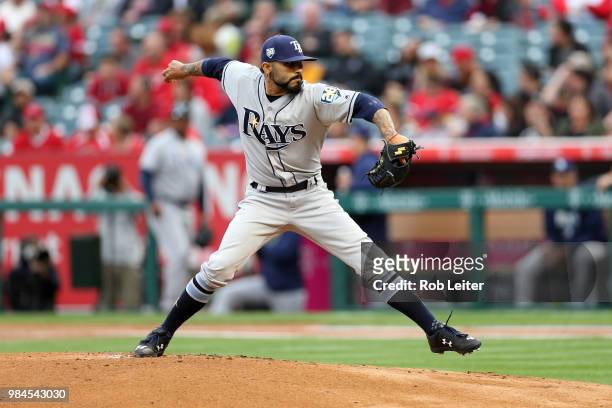 Sergio Romo of the Tampa Bay Rays pitches during the game against the Los Angeles Angels at Angel Stadium on May 19, 2018 in Anaheim, California. The...
