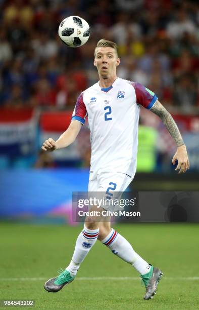 Birkir Saevarsson of Iceland looks to control the ball during the 2018 FIFA World Cup Russia group D match between Iceland and Croatia at Rostov...