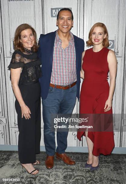 Director Susanna White, actors Michael Greyeyes and Jessica Chastain attend the Build Series to discuss "Woman Walks Ahead" at Build Studio on June...