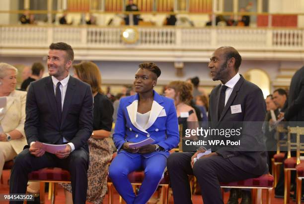 David Beckham, Nicola Adams and Sir Lenny Henry at the Queen's Young Leaders Awards Ceremony at Buckingham Palace on June 26, 2018 in London,...