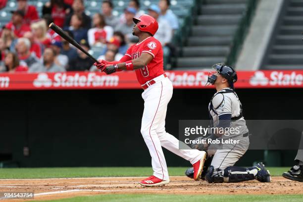 Justin Upton of the Los Angeles Angels bats during the game against the Tampa Bay Rays at Angel Stadium on May 19, 2018 in Anaheim, California. The...