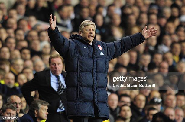 Manager of Arsenal Arsene Wenger shouts to his team during the Barclays Premier League match between Tottenham Hotspur and Arsenal at White Hart Lane...