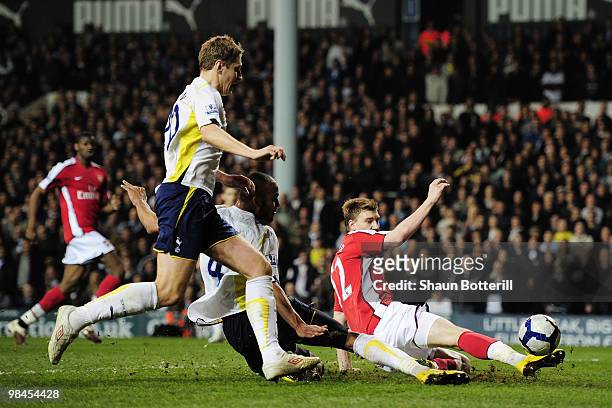 Nicklas Bendtner of Arsenal scores their first goal during the Barclays Premier League match between Tottenham Hotspur and Arsenal at White Hart Lane...
