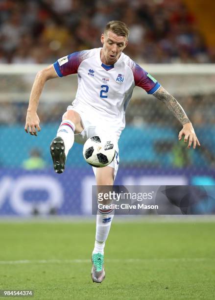 Birkir Saevarsson of Iceland controls the ball during the 2018 FIFA World Cup Russia group D match between Iceland and Croatia at Rostov Arena on...