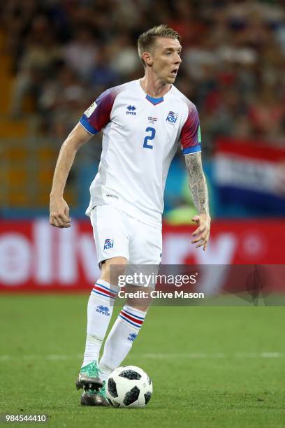 Birkir Saevarsson of Iceland runs with the ball during the 2018 FIFA World Cup Russia group D match between Iceland and Croatia at Rostov Arena on...