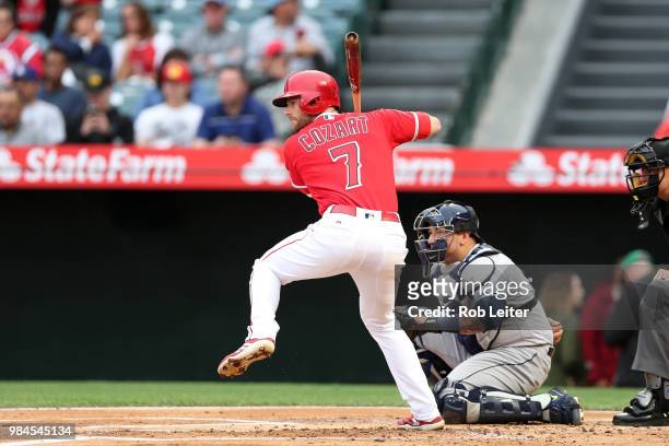 Zack Cozart of the Los Angeles Angels bats during the game against the Tampa Bay Rays at Angel Stadium on May 19, 2018 in Anaheim, California. The...