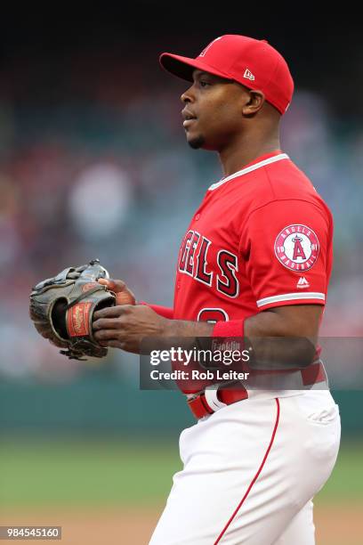 Justin Upton of the Los Angeles Angels looks on during the game against the Tampa Bay Rays at Angel Stadium on May 19, 2018 in Anaheim, California....