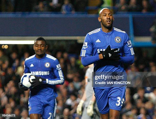 Chelsea's French footballer Nicolas Anelka celebrates scoring his goal against Bolton Wanderers with Chelsea's Ivory Coast footballer Salomon Kalou...