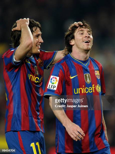 Bojan Krkic of FC Barcelona reacts with his teammate Lionel Messi during the La Liga match between Barcelona and Deportivo La Coruna at the Camp Nou...