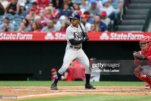 Mallex Smith of the Tampa Bay Rays bats during the game against the Los Angeles Angels at Angel Stadium on May 19, 2018 in Anaheim, California. The...