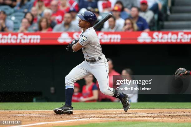 Mallex Smith of the Tampa Bay Rays bats during the game against the Los Angeles Angels at Angel Stadium on May 19, 2018 in Anaheim, California. The...